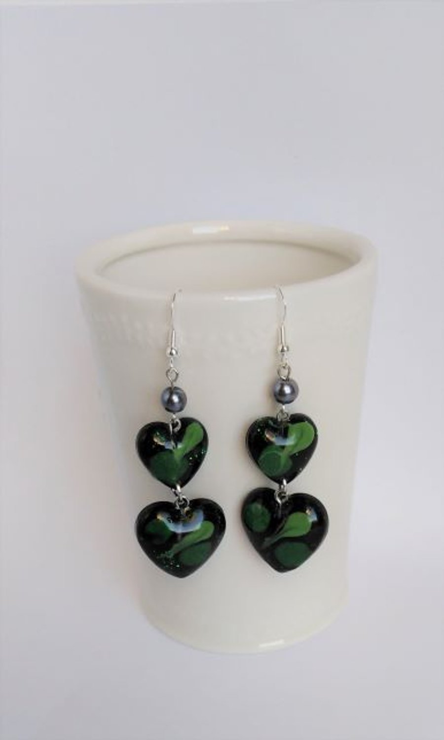 Beautiful hand crafted epoxy resin Green sparkling double heart earrings