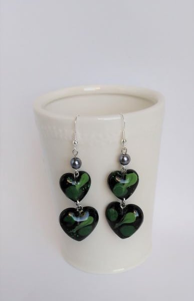 Beautiful hand crafted epoxy resin Green sparkling double heart earrings