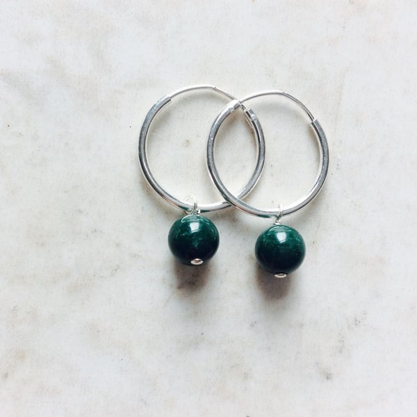Sterling Silver Hoops with Green Jade beads