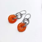 Carnelian orange recycled African glass oxidised silver small dangle earrings