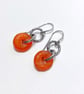 Carnelian orange recycled African glass oxidised silver small dangle earrings