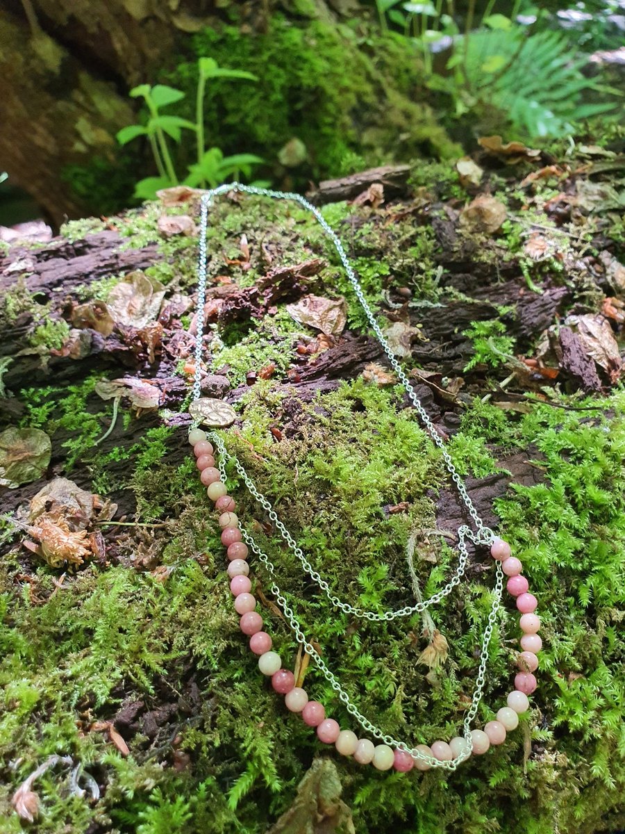 Pink rhodonite gemstone multi layered silver necklace