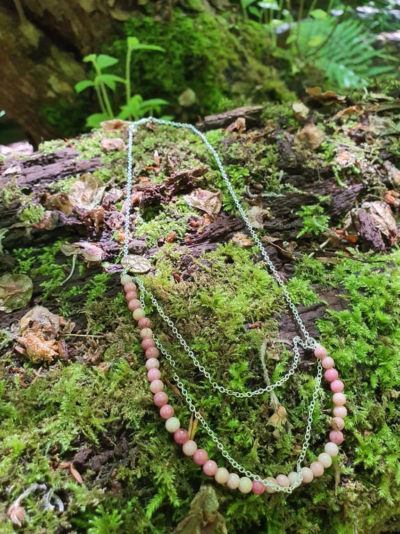 Pink rhodonite gemstone silver necklace