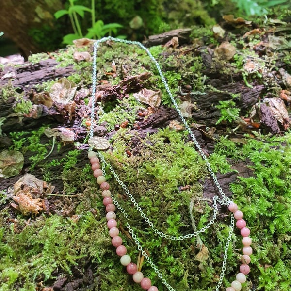 Pink rhodonite gemstone silver necklace
