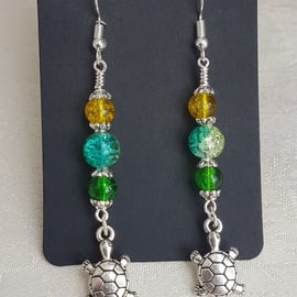 Gorgeous Dangly Tortoise Charm Earrings with Yellow Green Beads.