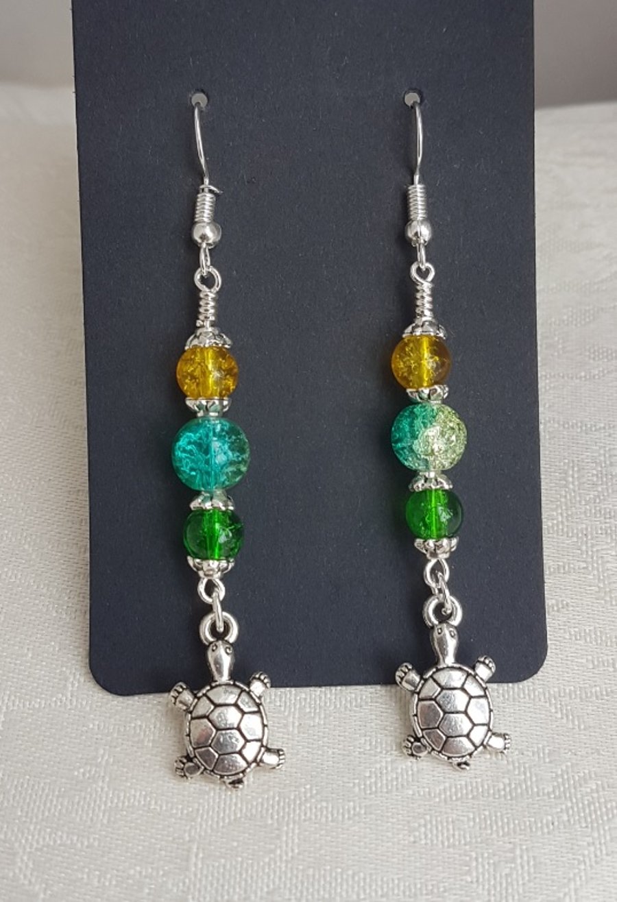 Gorgeous Dangly Tortoise Charm Earrings with Yellow Green Beads.