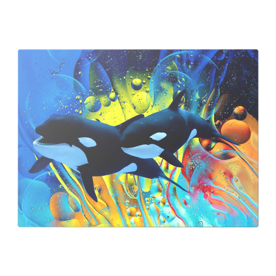 Playful Orcas Amidst A Sea Of Colour Glass Chopping Board