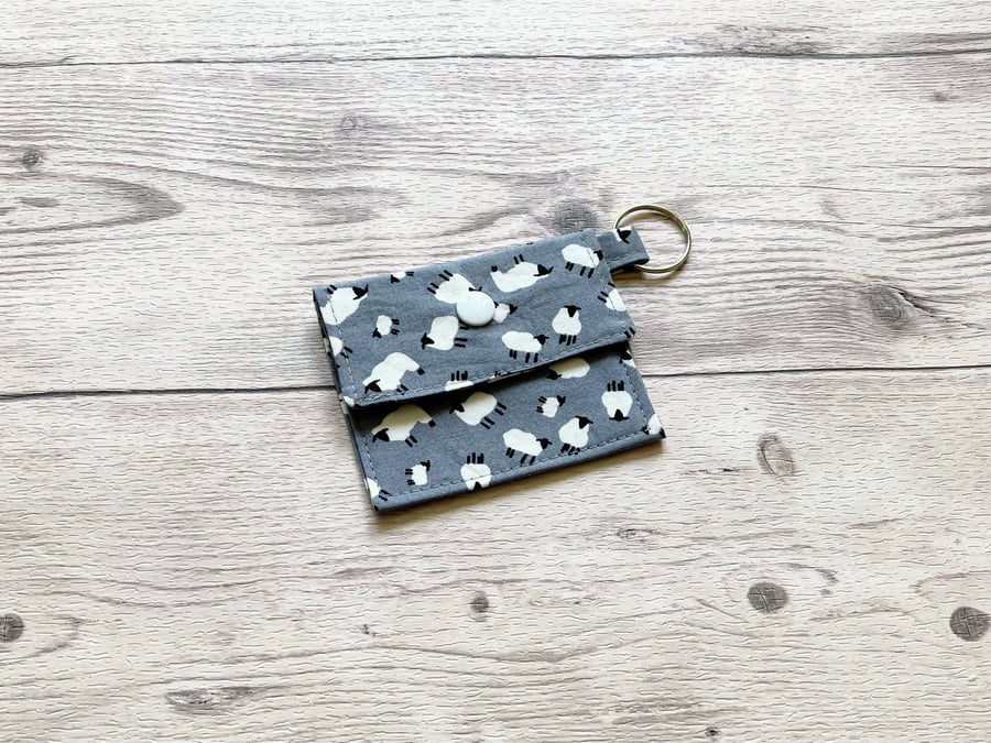 Sheep round tin lip balm grey fabric keyring, keychain, Lipstick holder.