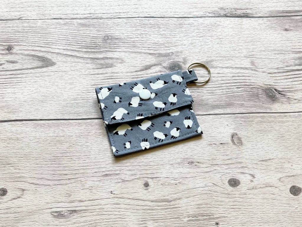 Sheep round tin lip balm grey fabric keyring, keychain, Lipstick holder.