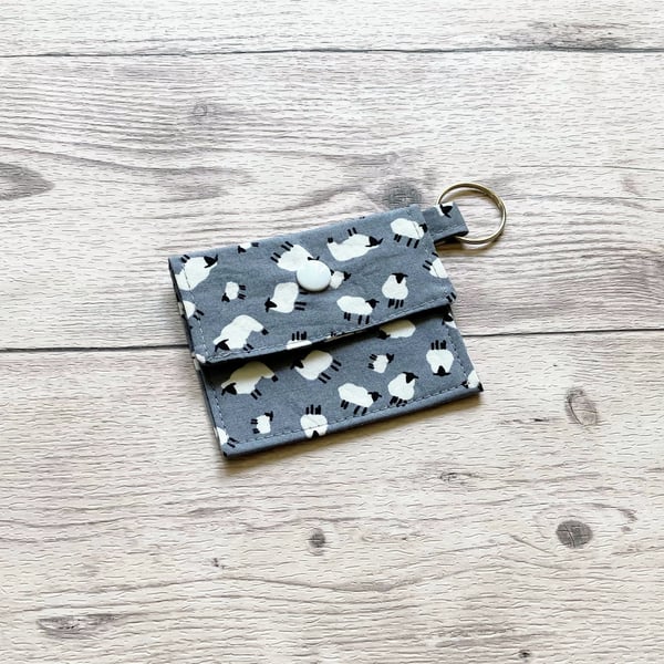 Sheep round tin lip balm grey fabric keyring, keychain, Lipstick holder.