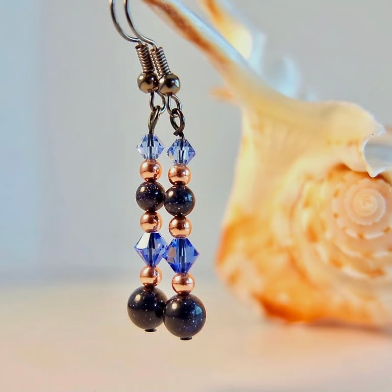 Blue Goldstone Earrings With Swarovski 'Sapphire' Crystals and Copper Beads.