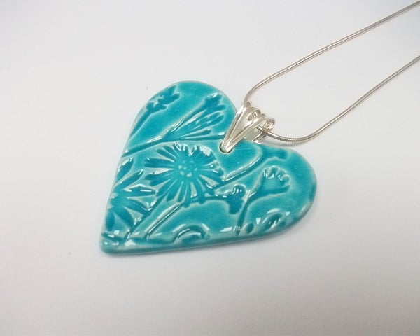 SALE - Heart ceramic turquoise pendant wildflowers necklace - sterling silver