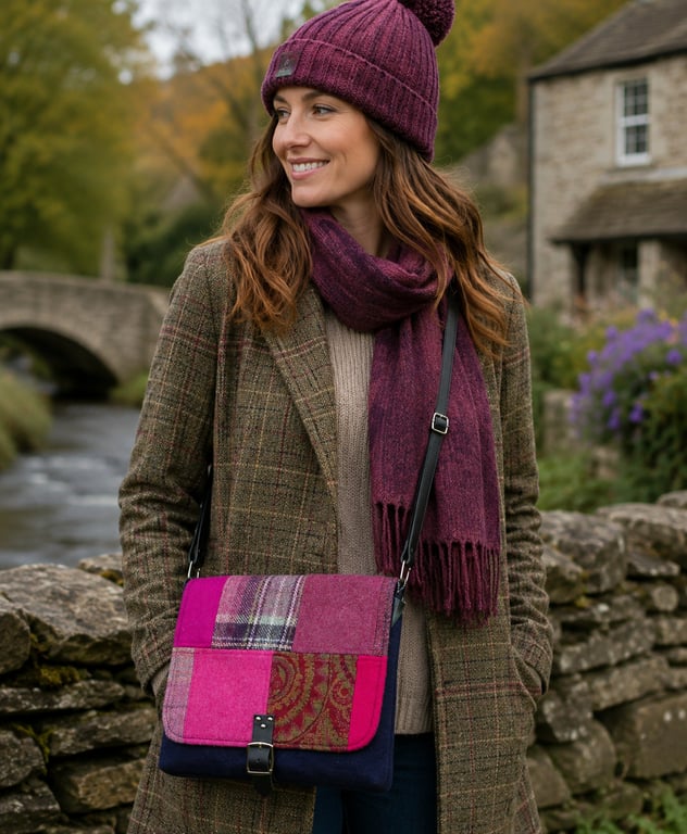 Crossbody bag pink patchwork british wool tweed shoulder bag handbag