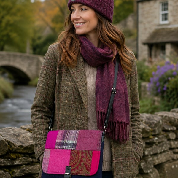 Crossbody bag pink patchwork british wool tweed shoulder bag handbag