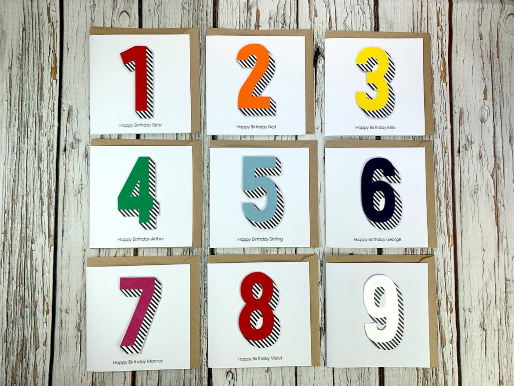 Bright Personalised Birthday Card. Handmade Custom Greetings Card. 1-9