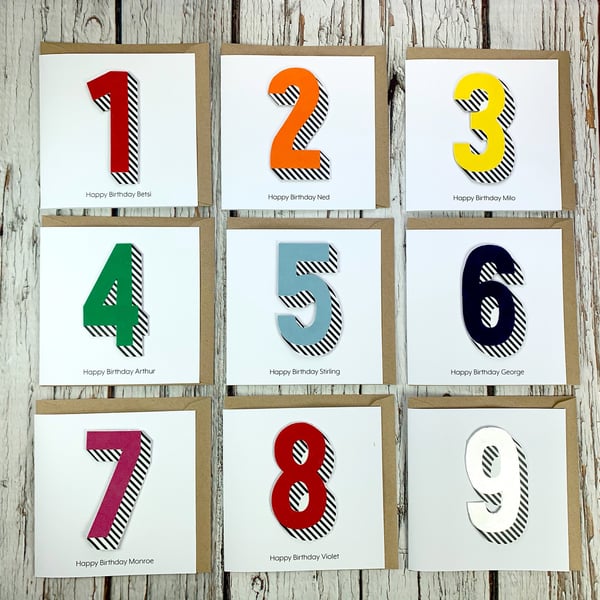 Bright Personalised Birthday Card. Handmade Custom Greetings Card. Numbers Ages