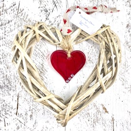 Fused Glass & Wicker Hanging Heart -  Red