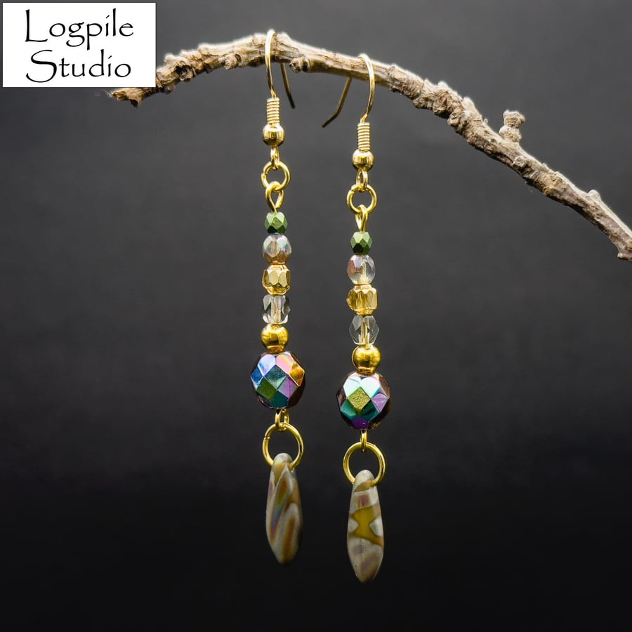 Drop Earrings with Mixed Glass and Metal Beads with Metallic Accents