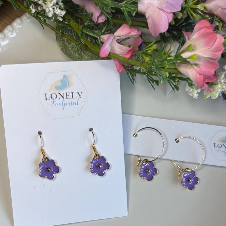 Purple Flower Earrings, Floral Charms, Handmade Jewellery 
