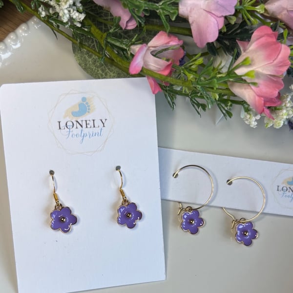 Purple Flower Earrings, Floral Charms, Handmade Jewellery 