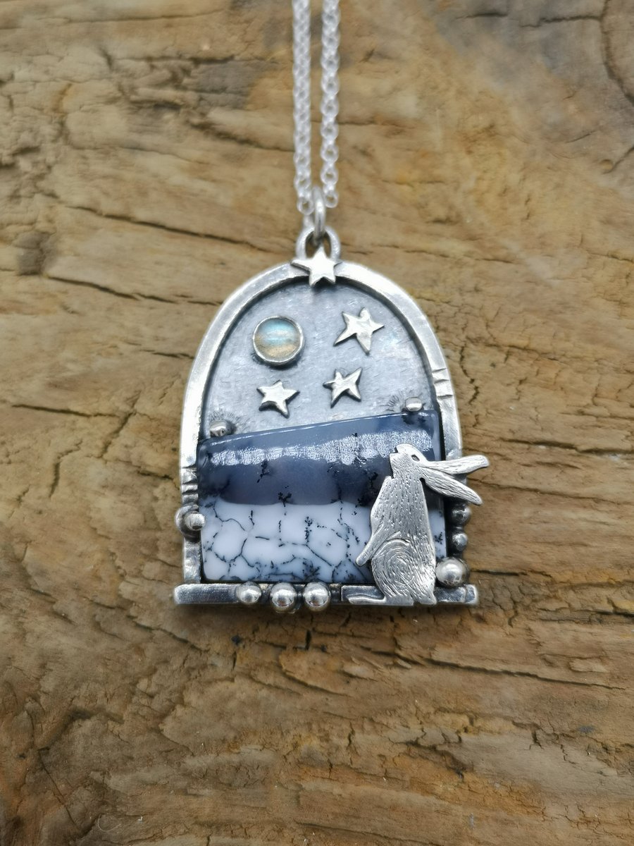 Gazing Hare Pendant with Dendritic Opal