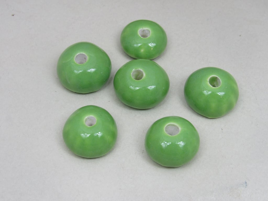 6 Small Apple Green Half-round Ceramic Flower Beads