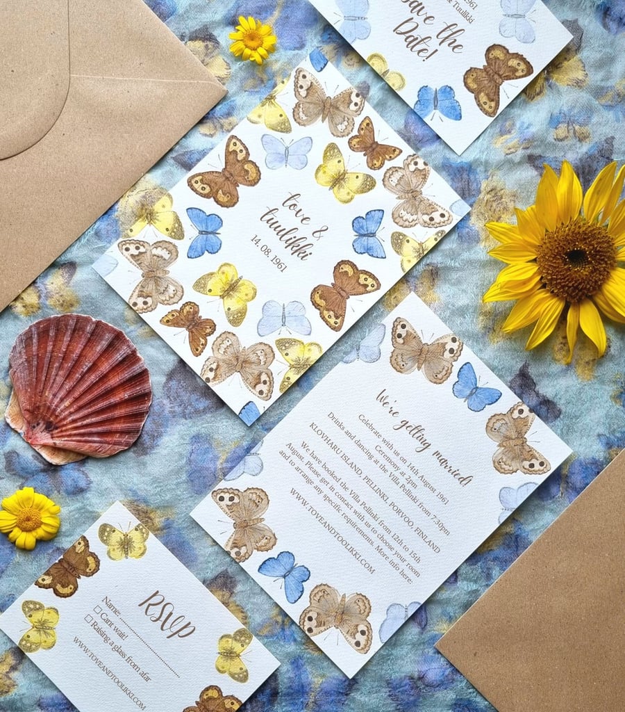10 British butterflies wedding invitations, A5 summer watercolour invites