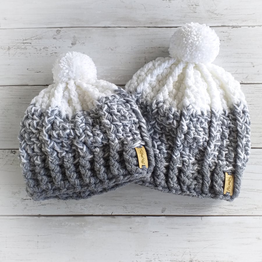 Grey Crochet Hat, Baby Beanie Pom-Pom Hat