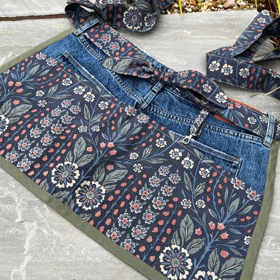 Garden apron reclaimed floral fabric and denim with pockets