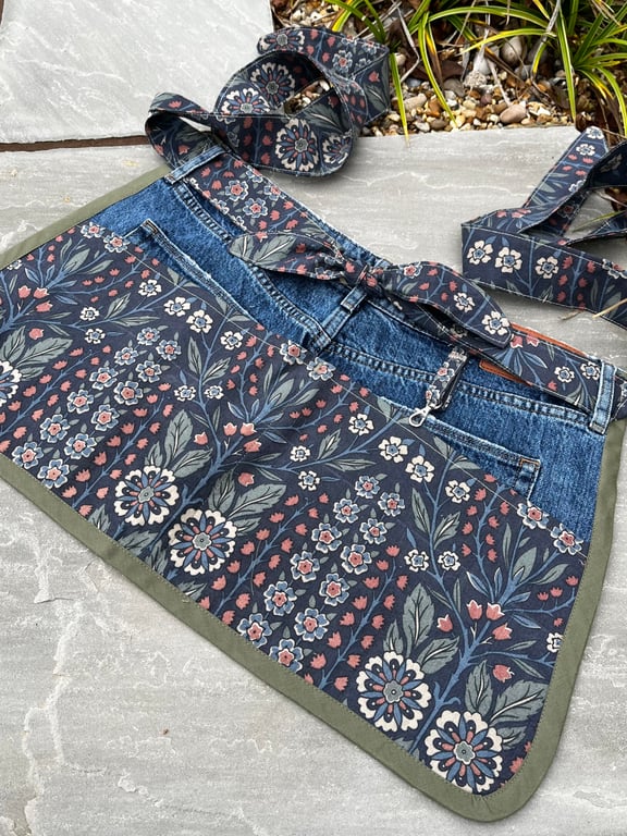 Garden apron reclaimed floral fabric and denim with pockets
