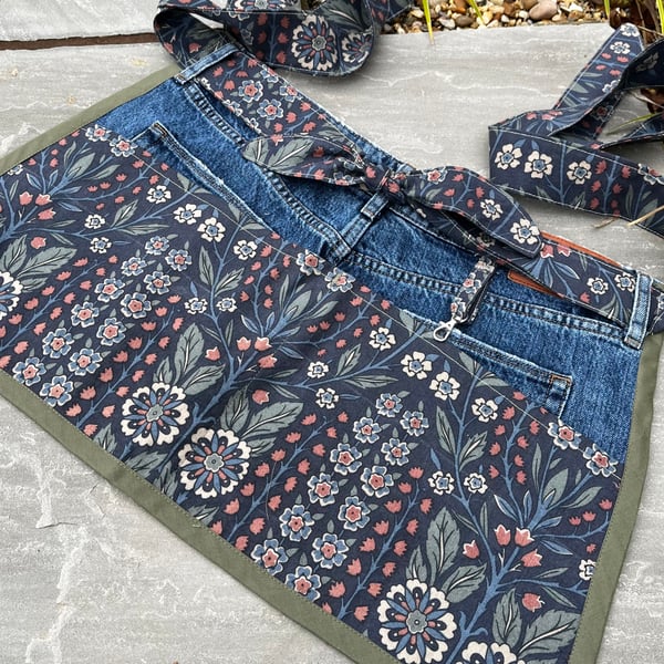 Garden apron reclaimed floral fabric and denim with pockets