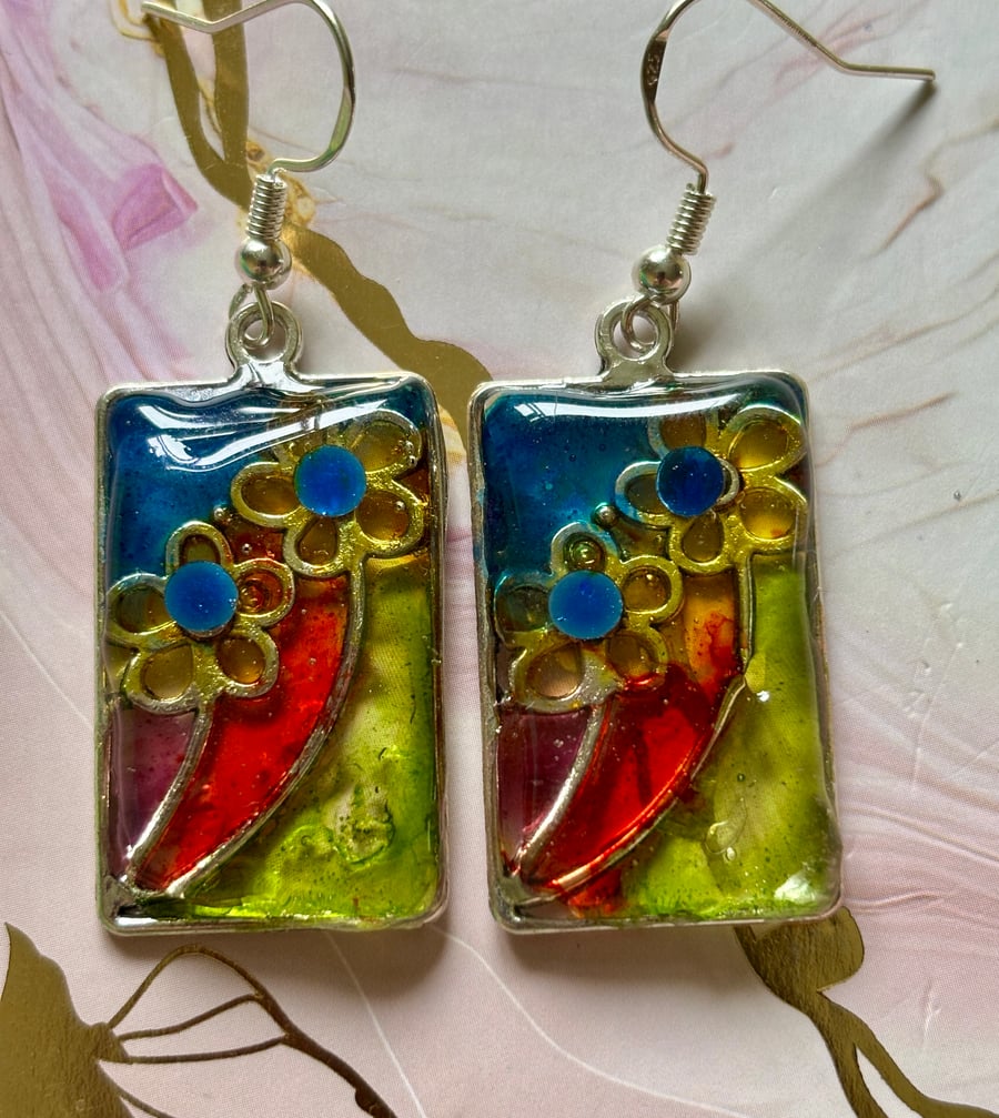 Rectangular Drop Flower Stain-Glass Effect Earrings.