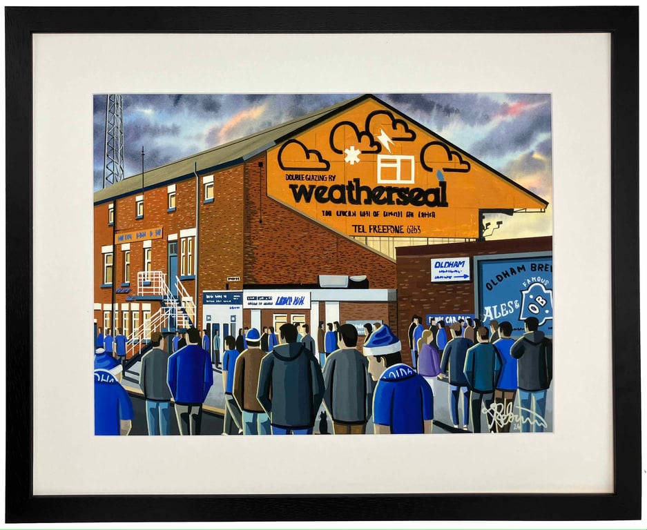 Oldham, Retro Boundary Park. Framed Football Art Print. 20" x 16" Frame Size