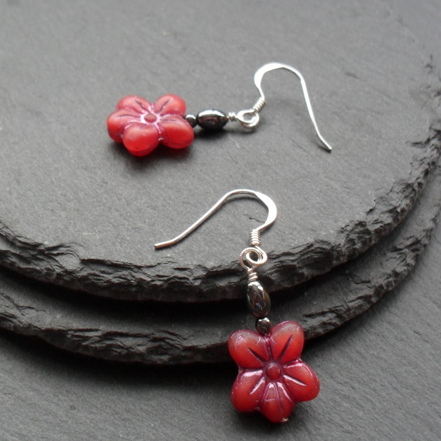 Deep Pink Czech Glass Flower Beads and Haematite Sterling Silver Earrings