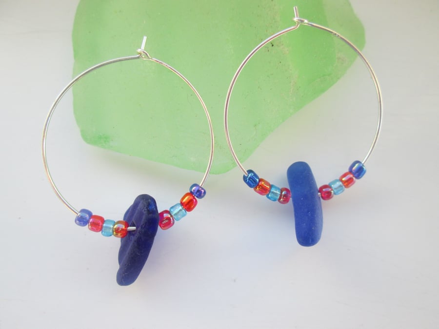Vibrant BLUE Seaglass drops with mini beads on Sterling Silver hoop Earrings