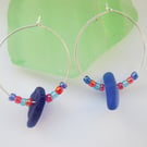 Vibrant BLUE Seaglass drops with mini beads on Sterling Silver hoop Earrings