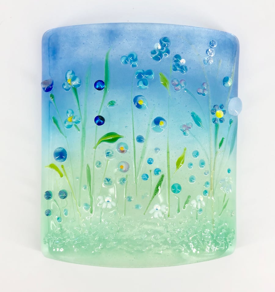 Small Glass Flower Meadow Panel in Blue and Turquiose