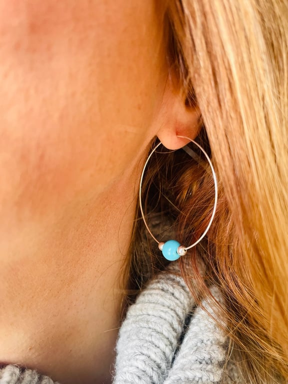 45mm Sterling Silver Hoops with Turquoise and Sterling Silver Beads