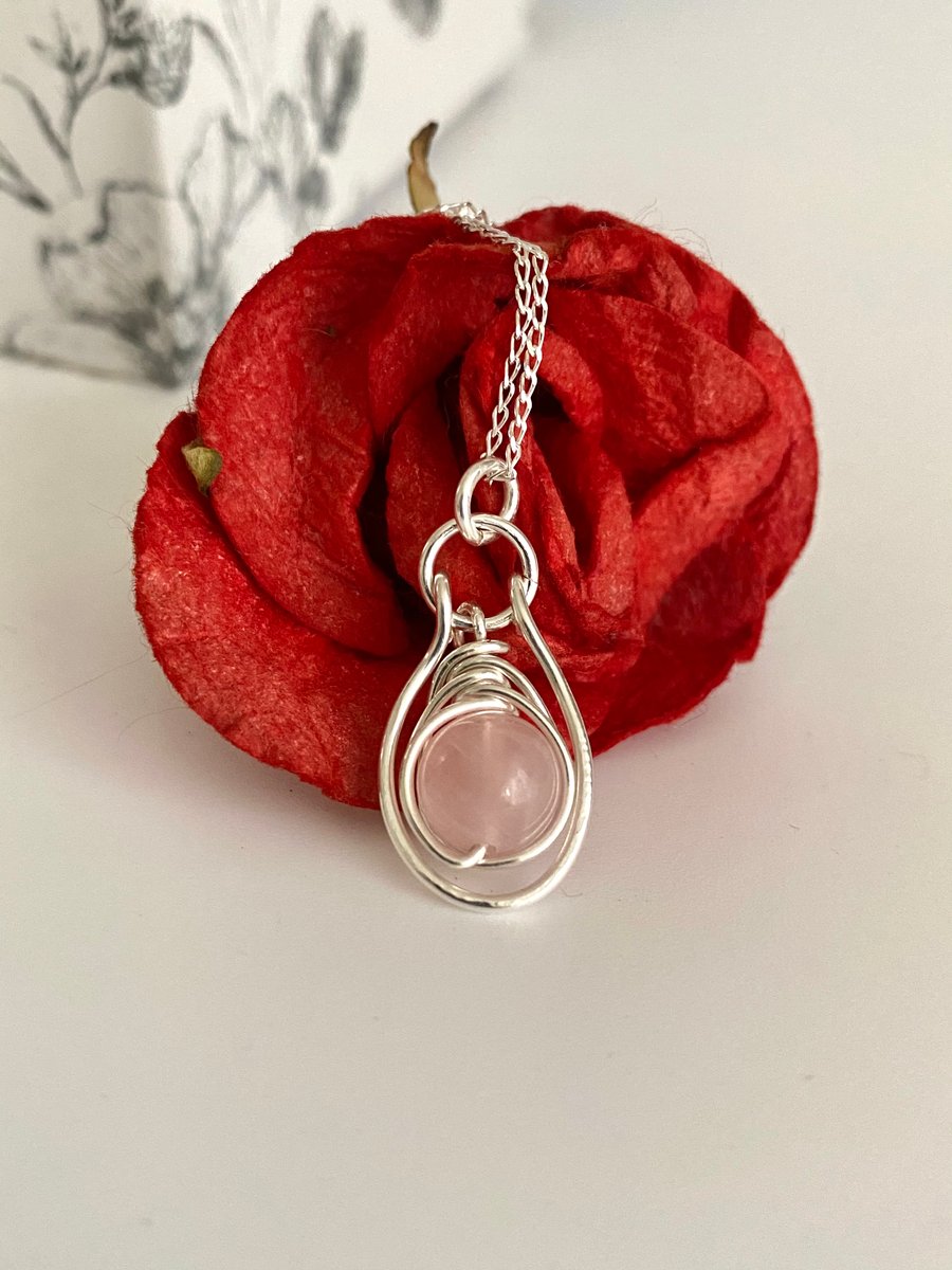 Rose Quartz Pendant Necklace with Silver Wire Wrapping and Silver Oval Dangle