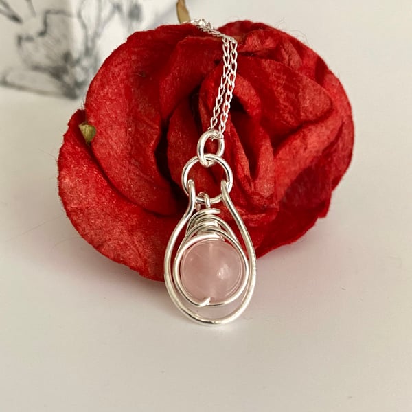 Rose Quartz Pendant Necklace with Silver Wire Wrapping and Silver Oval Dangle