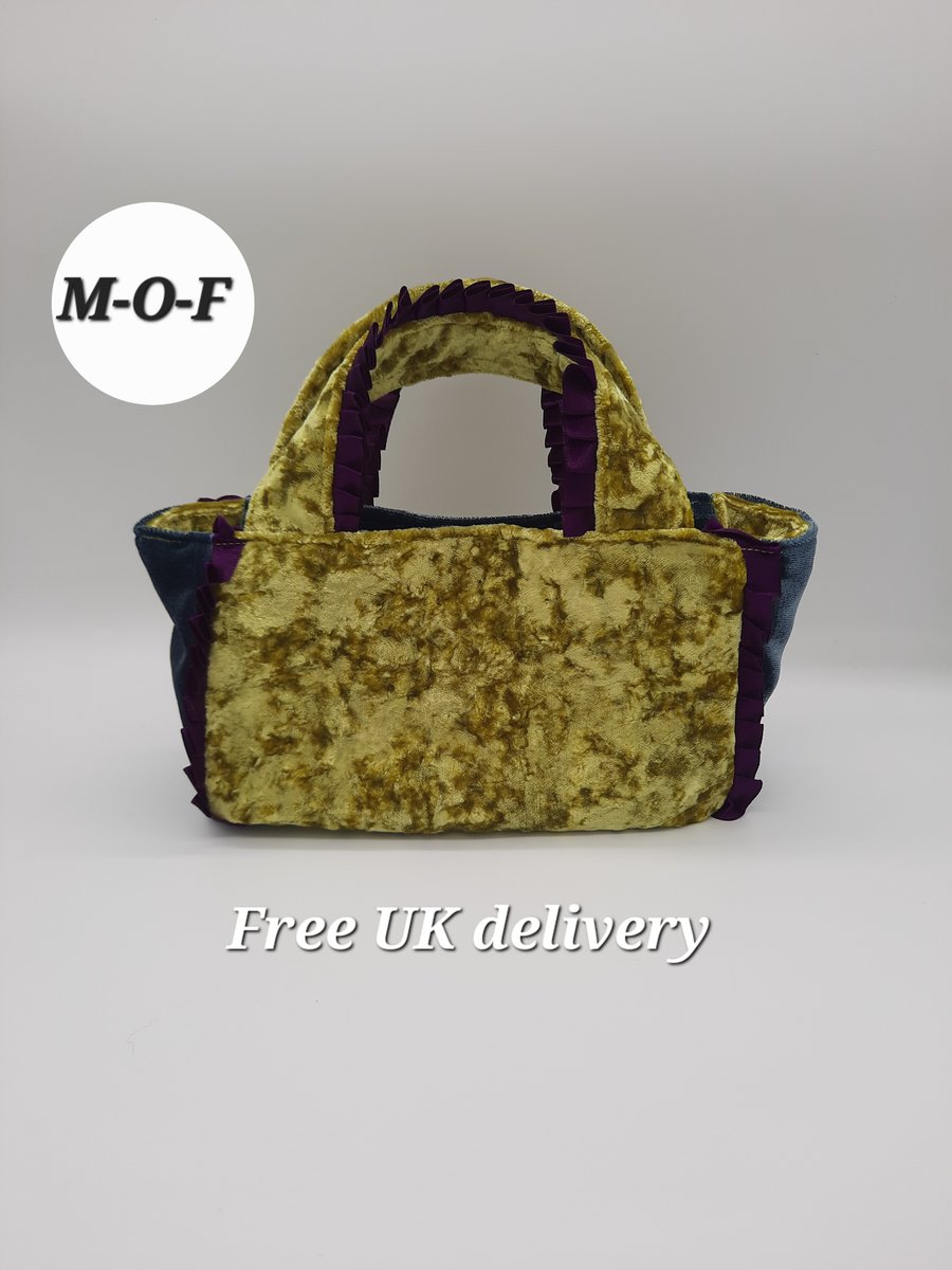 Clutch handbag,  yellow and teal velvet and purple pleated ribbon.  