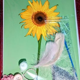 PINK Sunflower Art Print Embellishing Craft Kit Feathers Glitter Buttons