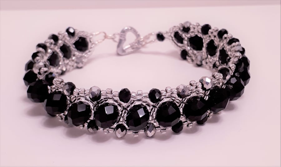 Black crystal and silver seed bead bracelet