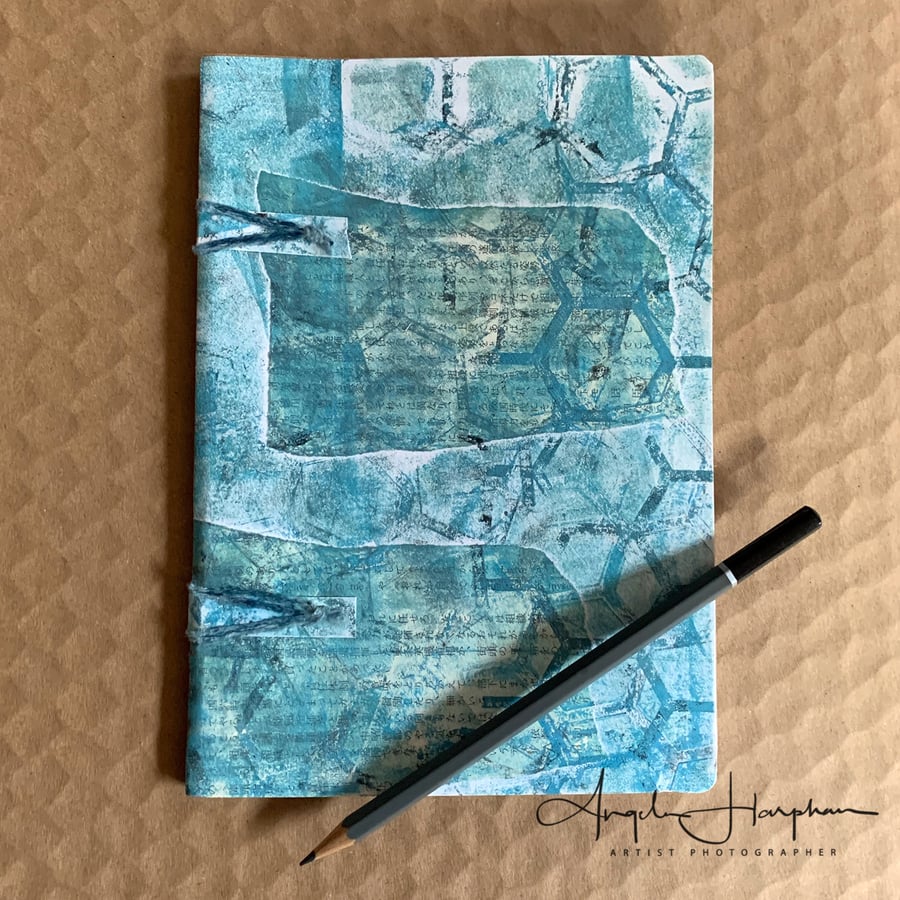 A5 Eco Sketch Book Hand Stitched - with Blue Monoprints and Collage Decoration. 