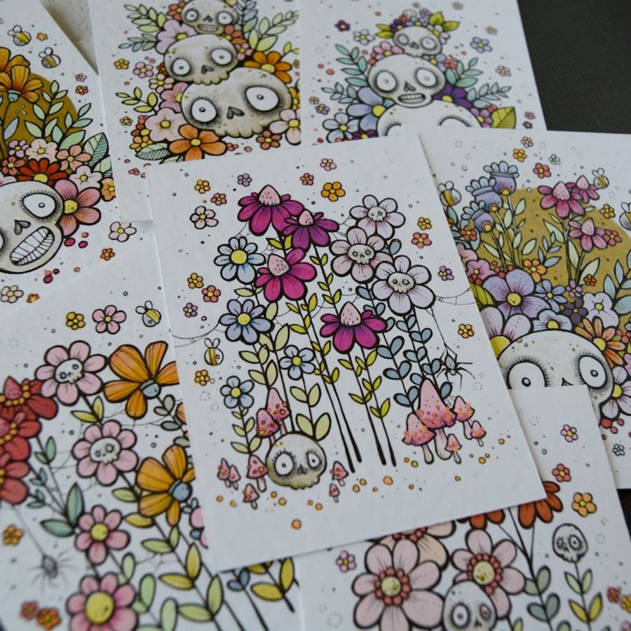 summer garden skulls - original illustration aceo