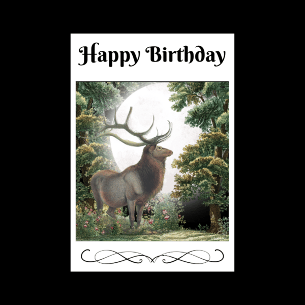 Moonlight Stag Happy Birthday Card Personalised Seeded Option  Pagan