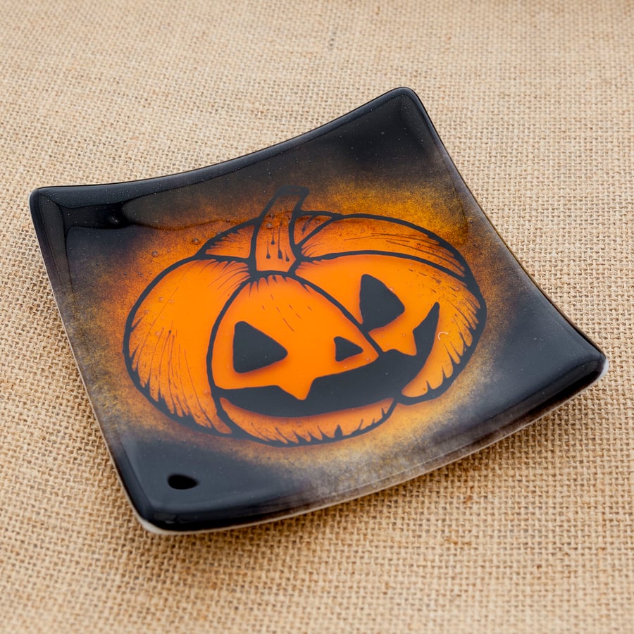 Halloween Trick or Treat Pumpkin Sweet Fused Glass Dish Candy Plate