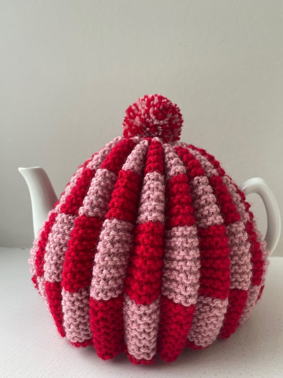 Traditional Handknitted Tea Cosy with Pompom in Pink and Red