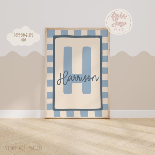 Personalised Nursery Print, Blue Checkerboard Border, Nursery Wall Art