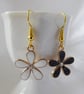 Pretty Black and White Enamel Flower Asymmetric Earrings, gold plated ear-wires - Image 2